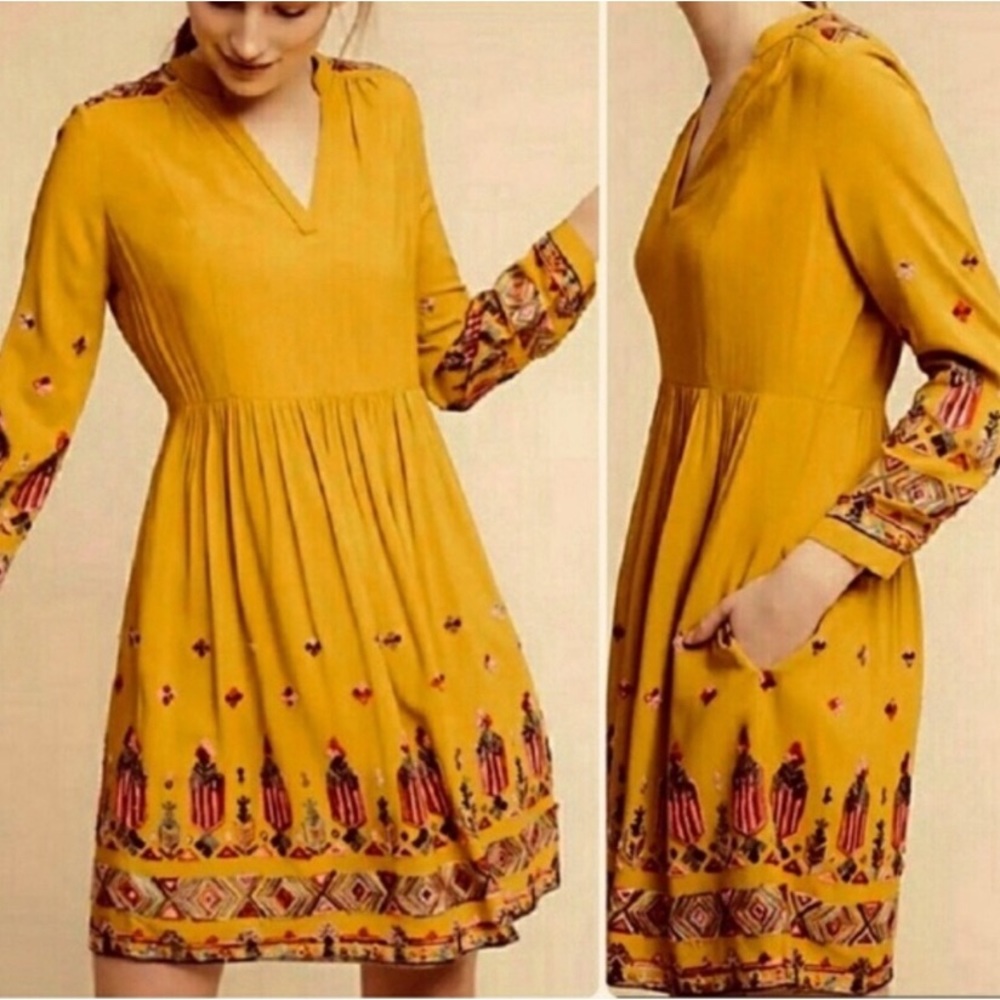 Anthropologie Floreat Yellow Embroidered Mini Dress Pockets Size Extra Small